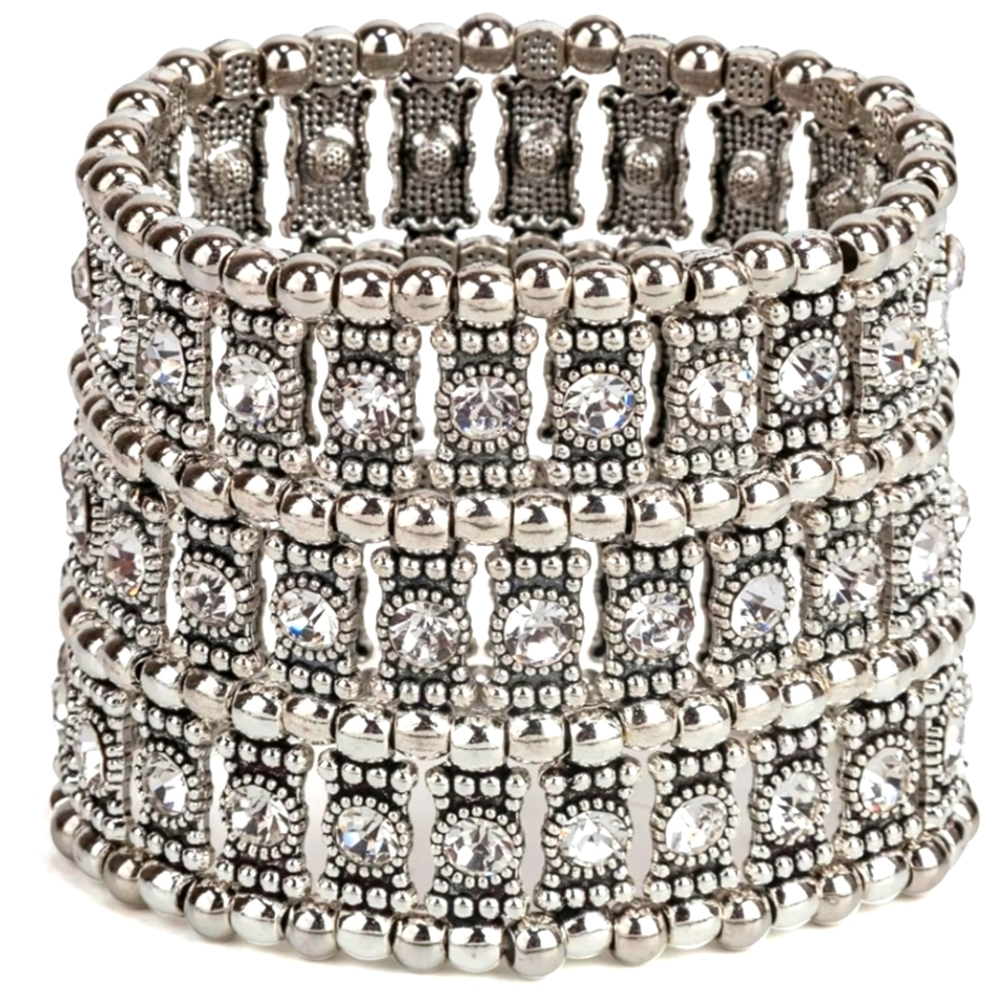 Stunning Antique Silver Crystal Boho Stretch Bracelet